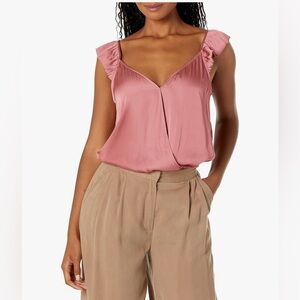 NWT PAIGE Lunah Satin Flutter V-Neck Thong Bodysuit in Muted Brick Dust Sz L